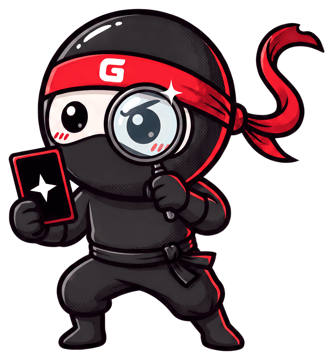 The Genki ninja inspecting a card through a loupe